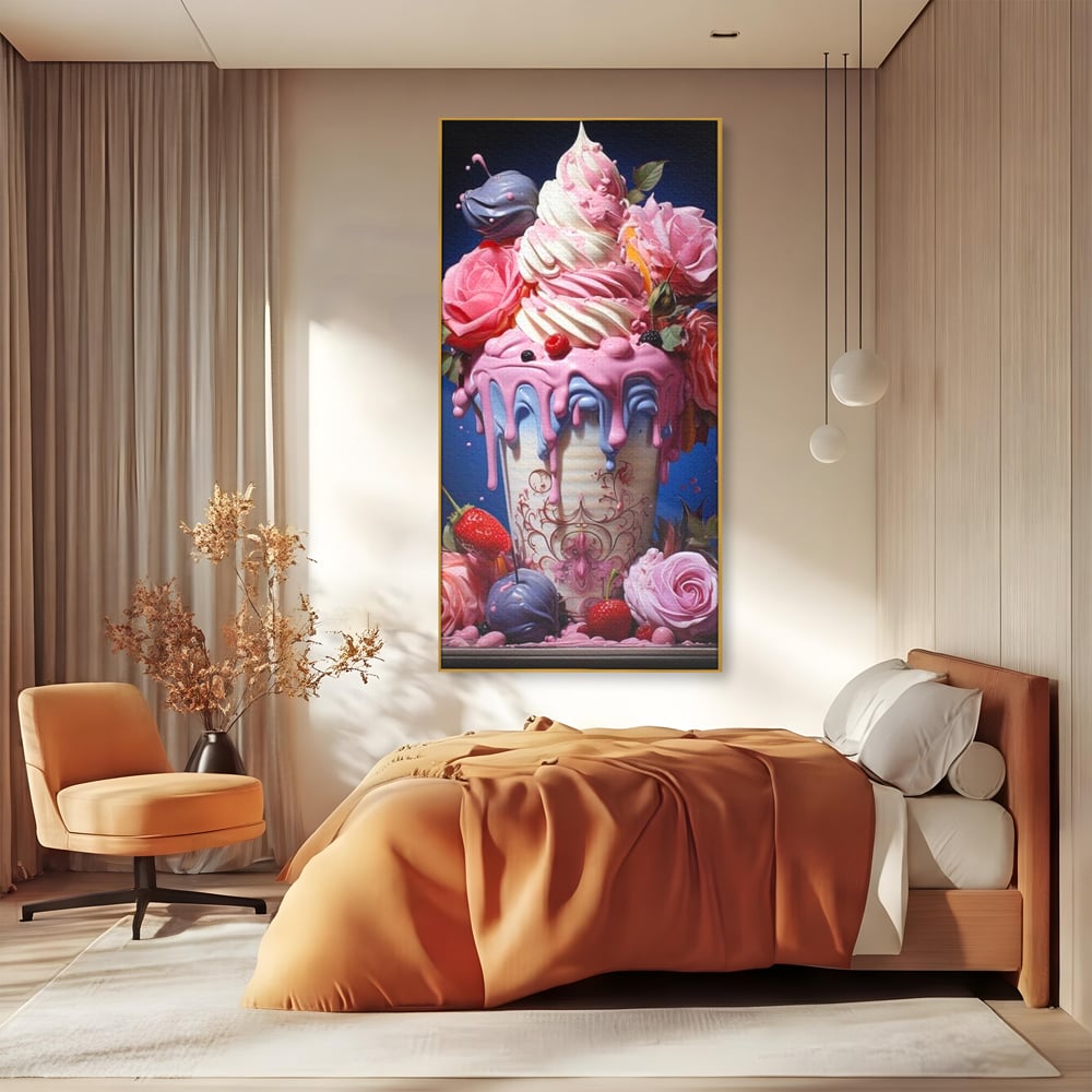 Tablou canvas cu ilustratie digitala cu cupa de desert decorata cu trandafiri, in rama de aluminiu auriu, pe perete intr-un dormitor